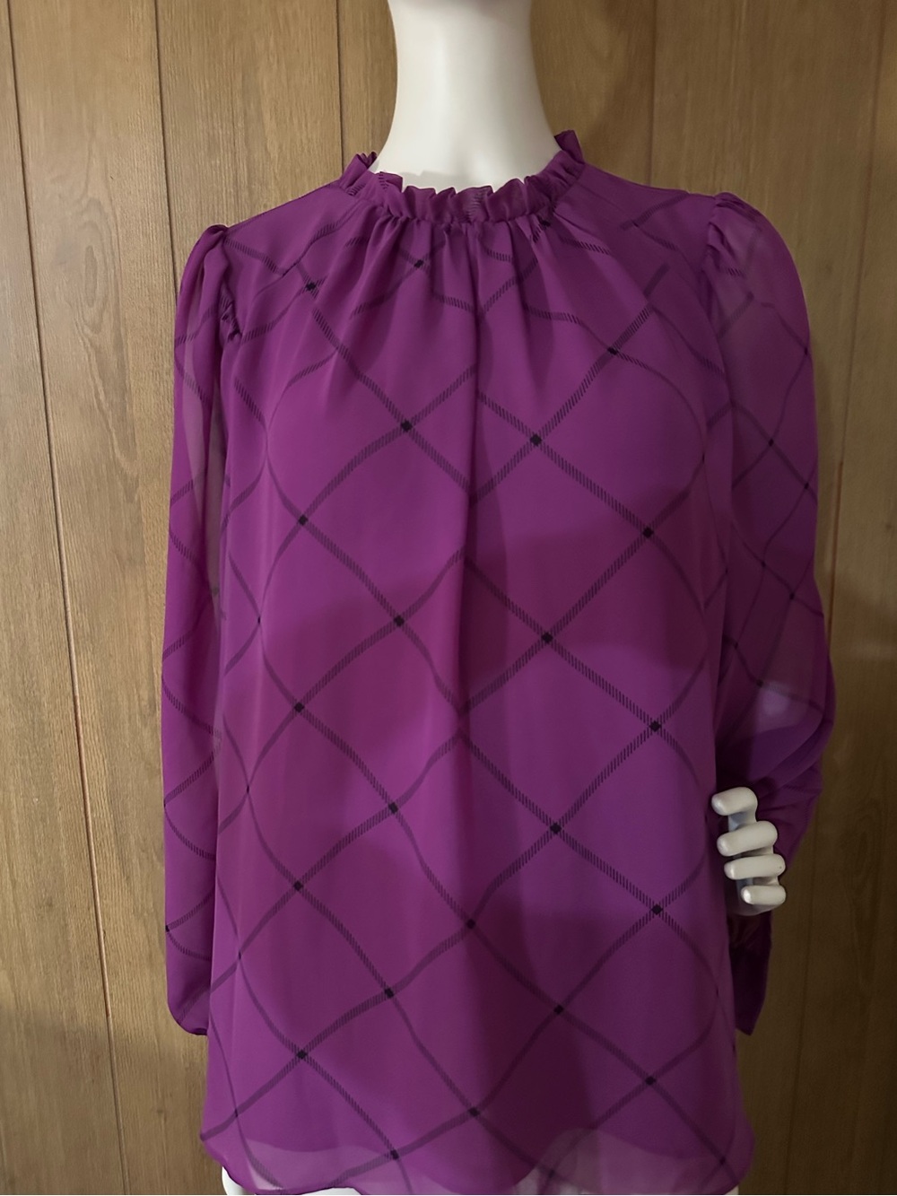 Worthington Purple Sheer Long-Sleeve Ruffled Neck Blouse